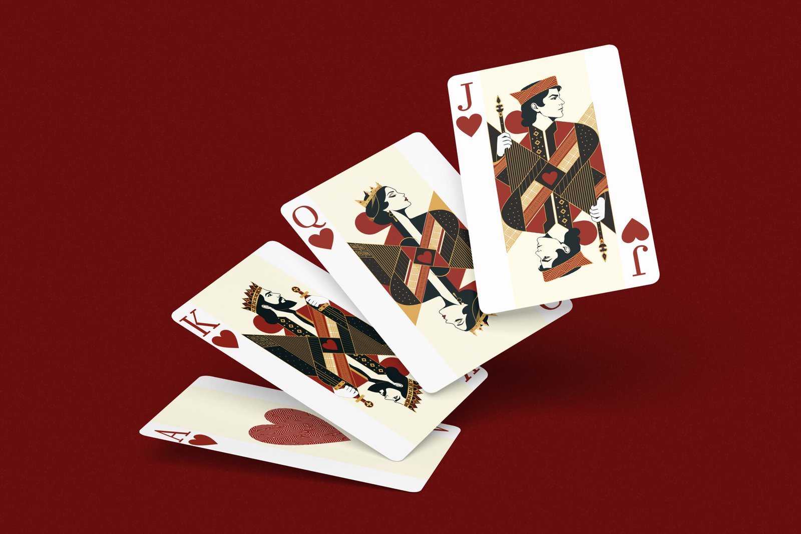 Ace, king, queen, jack of hearts falling on dark red background