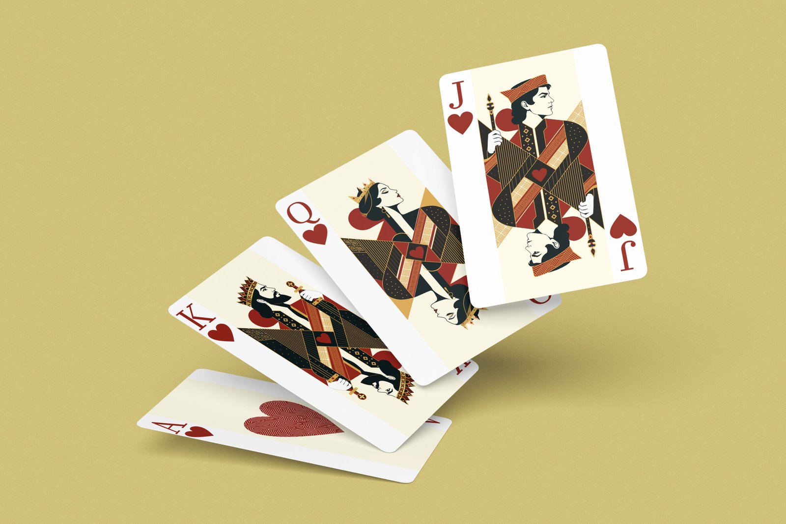 Ace, king, queen, jack of hearts falling on olive background