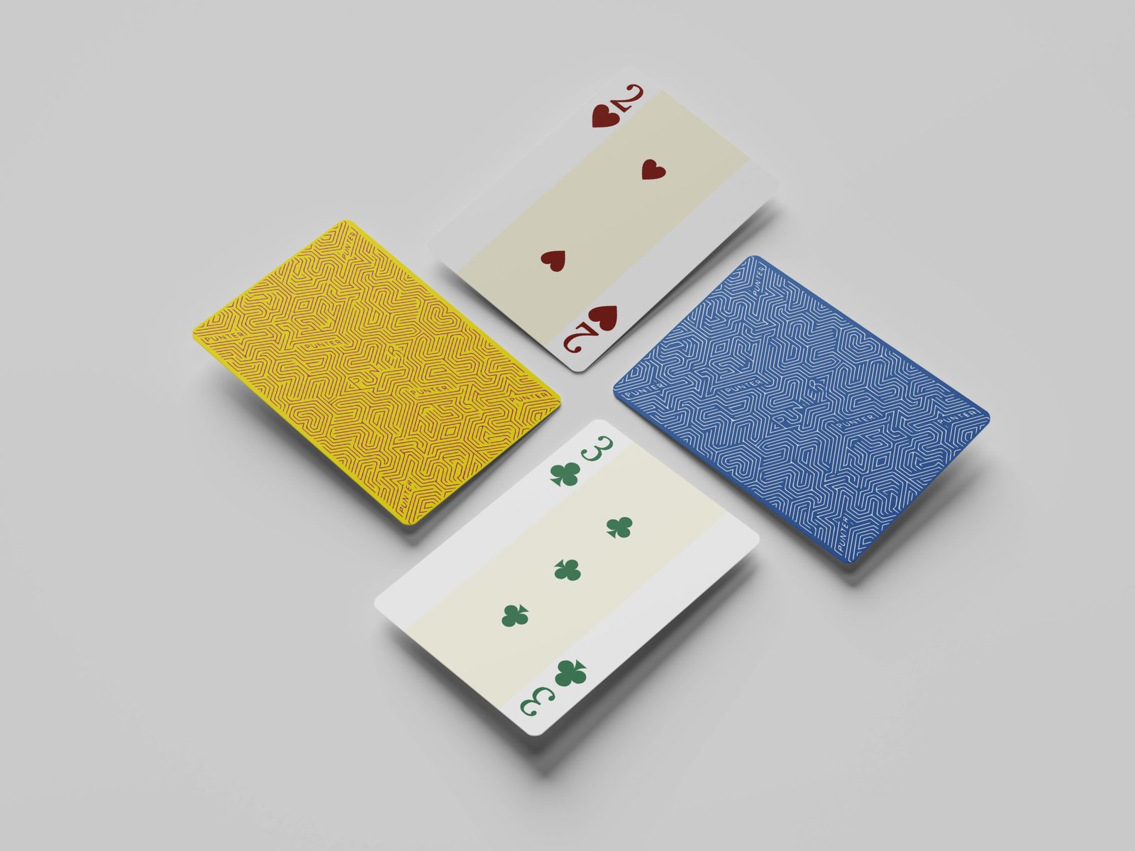 Two of hearts and three of clubs with yellow and blue card backs