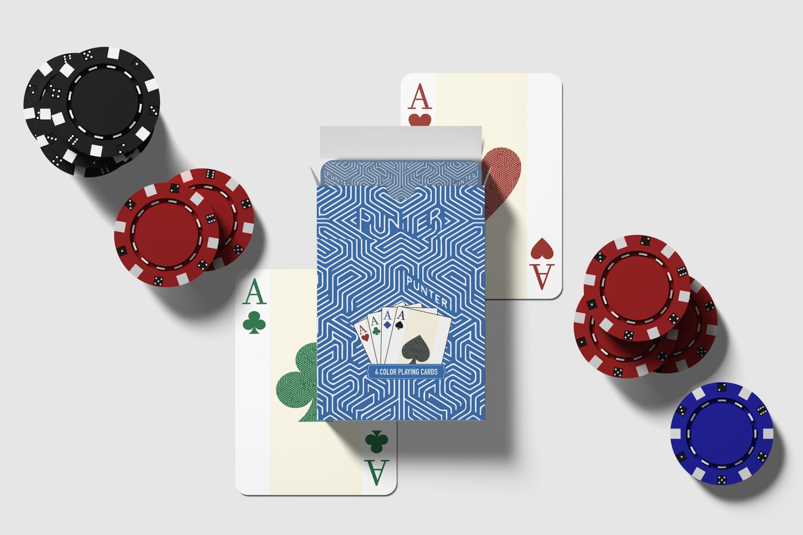 Punter box with poker chips and four aces